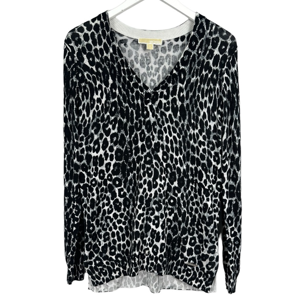 Michael Kors Leopard Cheetah Print V Neck Long Sleeve Top Blouse Size Small